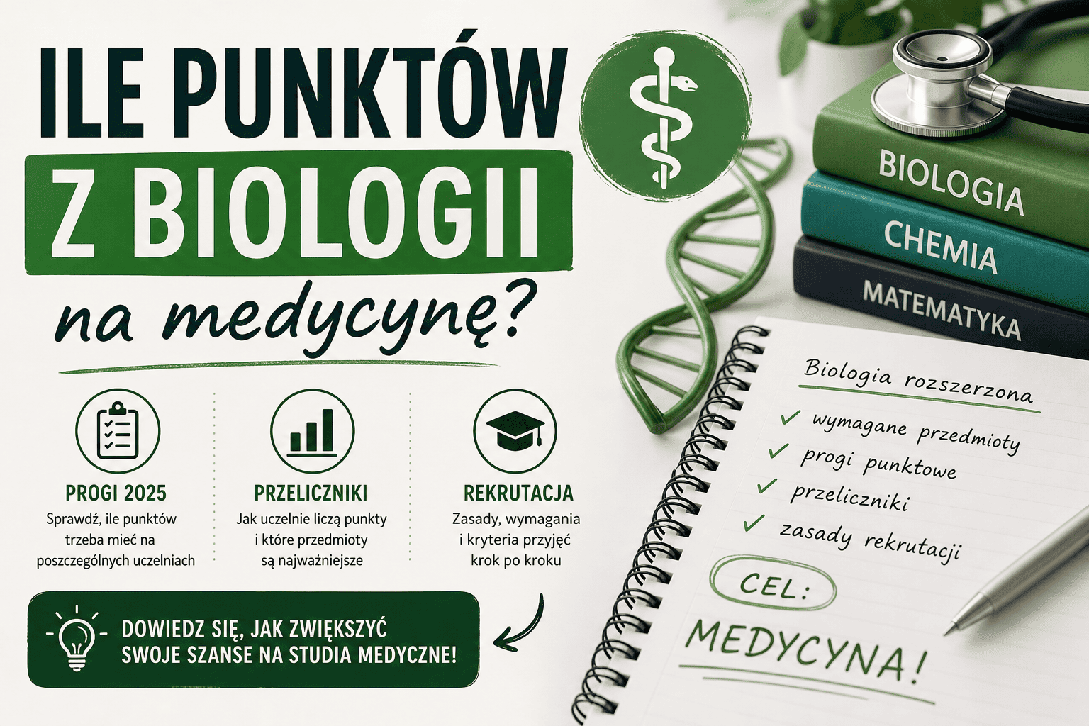 Sprawdź, ile punktów z biologii potrzeba na medycynę w rekrutacji 2026. Aktualne progi, zasady rekrutacji, przeliczniki i wymagane przedmioty na uczelniach medycznych w Polsce.